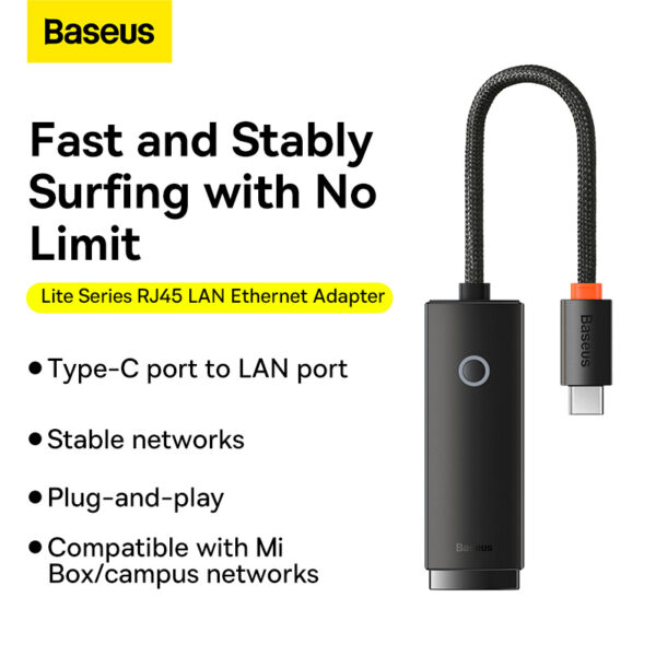 Baseus Hub Lite Series Ethernet Adapter Type-C to RJ45 LAN Port 100Mbps Black WKQX000201 - Image 1