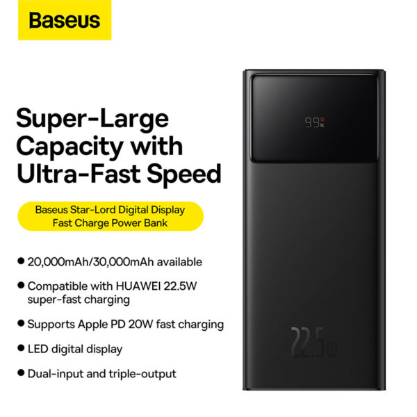 Baseus-Power-Bank-20000mAh-22.5W-Star-Lord-Digital-Display-Fast-Charge-with- USB-C Power Bank-3A-0.3m-Black-Cable