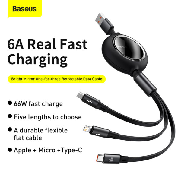 Baseus 3 in 1 Cable one for three Retractable 66W Fast Charging Data Cable Usb to Type C Micro Lightning CAMLC-MJ01 - Image 1