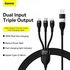 Baseus Cable CASS030101 Flash Series Ⅱ Two-for-three Fast Charging Data Cable USB to M+L+C 100W 1.2m Black