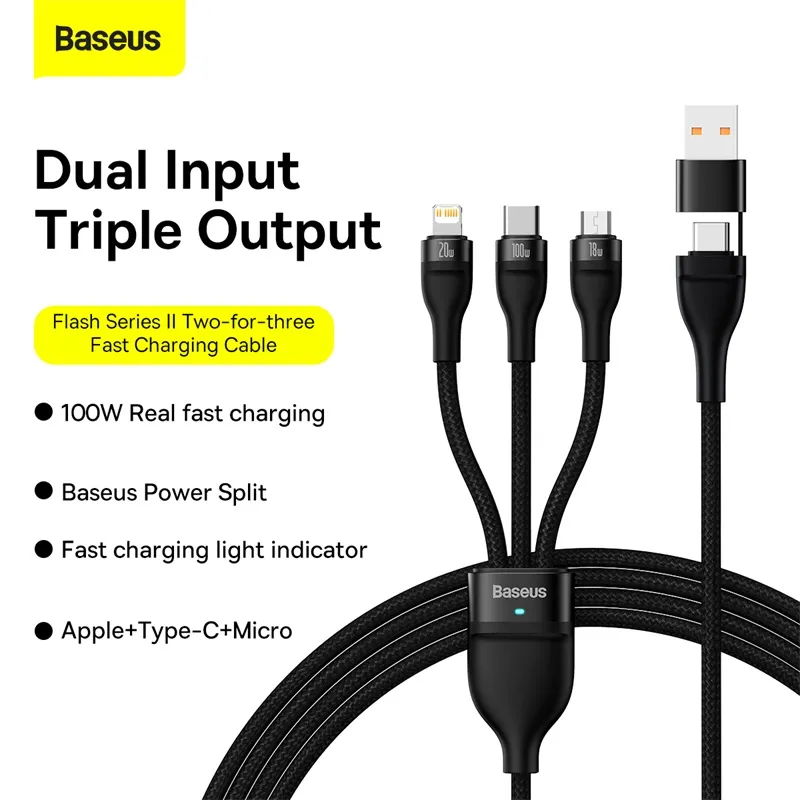 Baseus Cable CASS030101 Flash Series Ⅱ Two-for-three Fast Charging Data Cable USB to M+L+C 100W 1.2m Black Baseus Cable CASS030101 Flash Series Ⅱ Two-for-three Fast Charging Data Cable USB to M+L+C 100W 1.2m Black