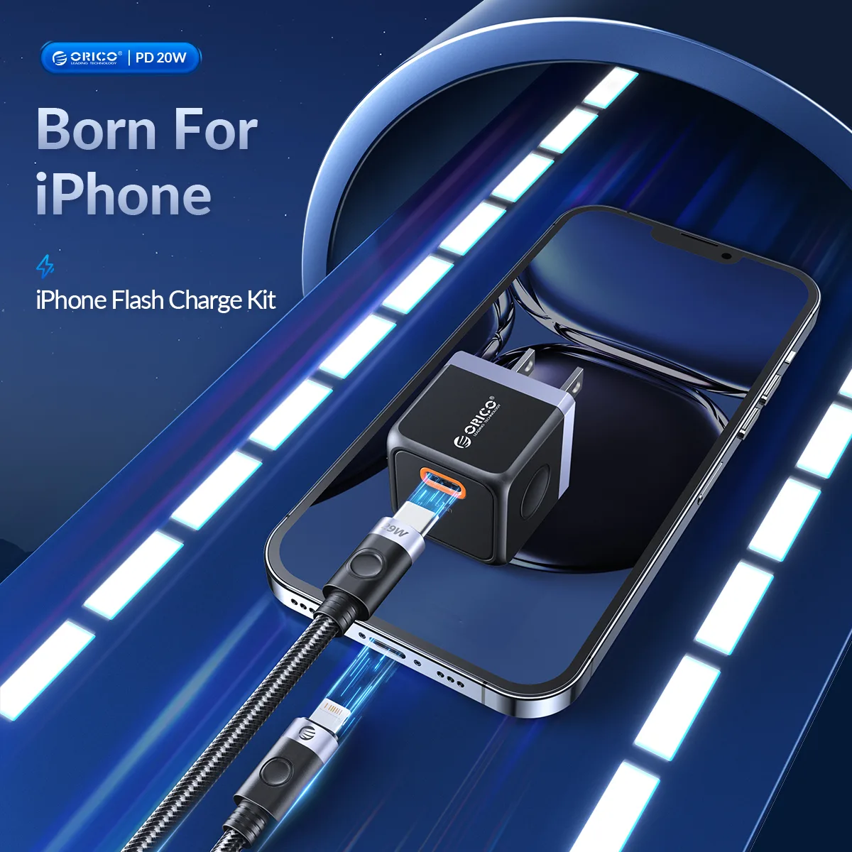 M20C-1200-EN-1 ORICO Charger PD 20W Type-C Charger Set with Lightning Cable Fast Charger for iPhone 14 13 13 12 11 Series M20C-CL-US - Image 1