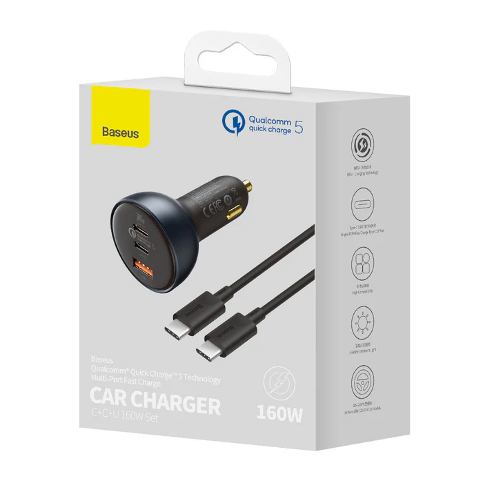 Baseus Car Charger 160W Qualcomm® Quick Charge™ 5 Technology 2C+U With 100w Type-C Cable  TZCCZM-0G - Image 6
