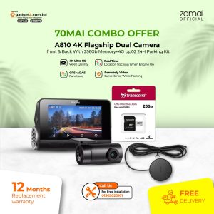 70Mai A810 Dash Cam 4K 4G Camera Front & Rear With 256GB Memory Up04 4G Parking Kit