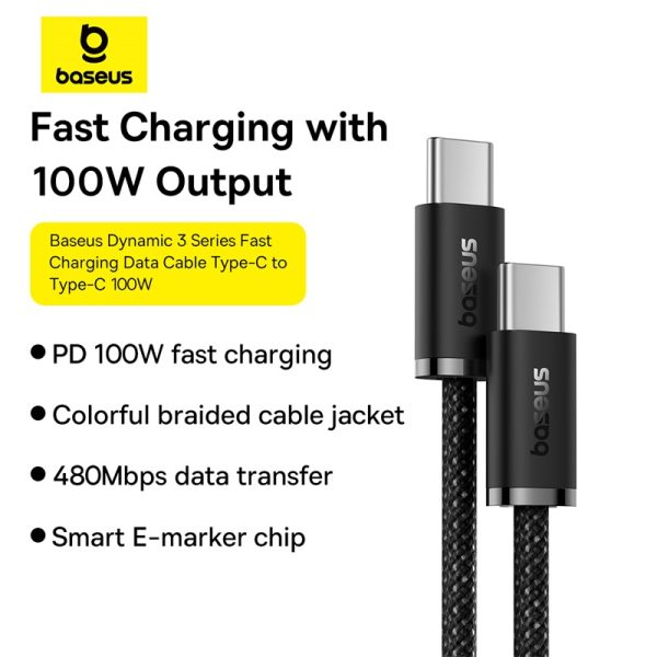 Baseus Cable Type-c To Type-c Dynamic 3 Series 100W Fast Charging Data Cable 2m Cluster Black for Iphone 15 macbook Laptop Android P10367000111-01