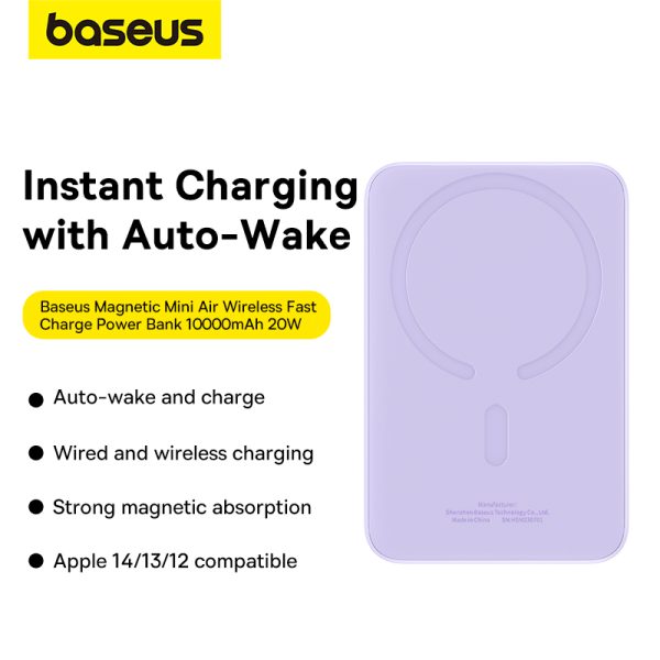 Baseus 10000Mah Power Bank Magnetic Wireless Pass-through Charging 20W for Iphone 15 14 13 12 Series Android Purple P10059001513-00