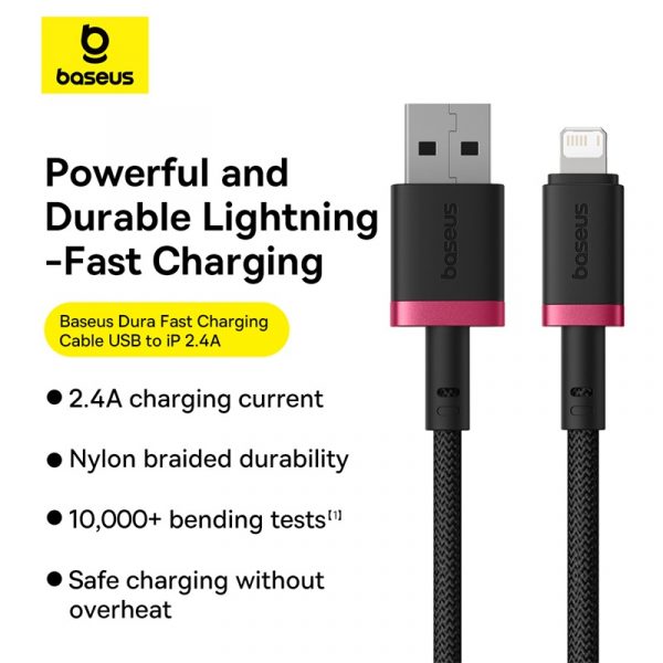 Baseus Cable For Iphone Dura Series Fast Charging Cable USB to Lightning 2.4A 1m Red+Black P10377801U01-01