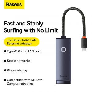 Baseus Hub Lite Series Ethernet Adapter Type-C to Gigabit RJ45 LAN Port 1000Mbps Black WKQX000301