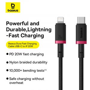 Baseus Cable For Iphone PD 20W Dura Series Fast Charging Cable Type-C to Lightning 2m Red+Black P10377800U01-03