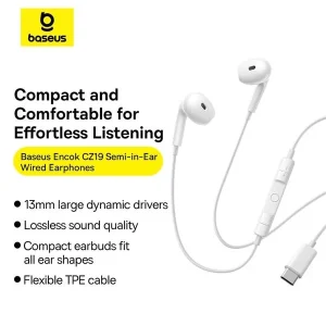 Baseus Wired Earphone Type-c CZ19 For Iphone Samsung Google Pixel One Plus Moon White A00182201213-00