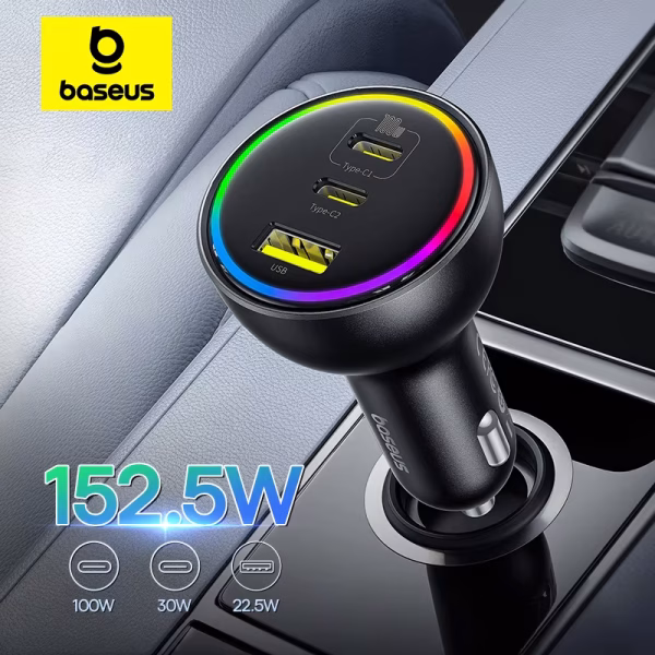 Baseus Car Charger 152.5W RGB 2xType-c 1X USB A With Type-c t o type-c Cable C00036101111-00 - Image 1