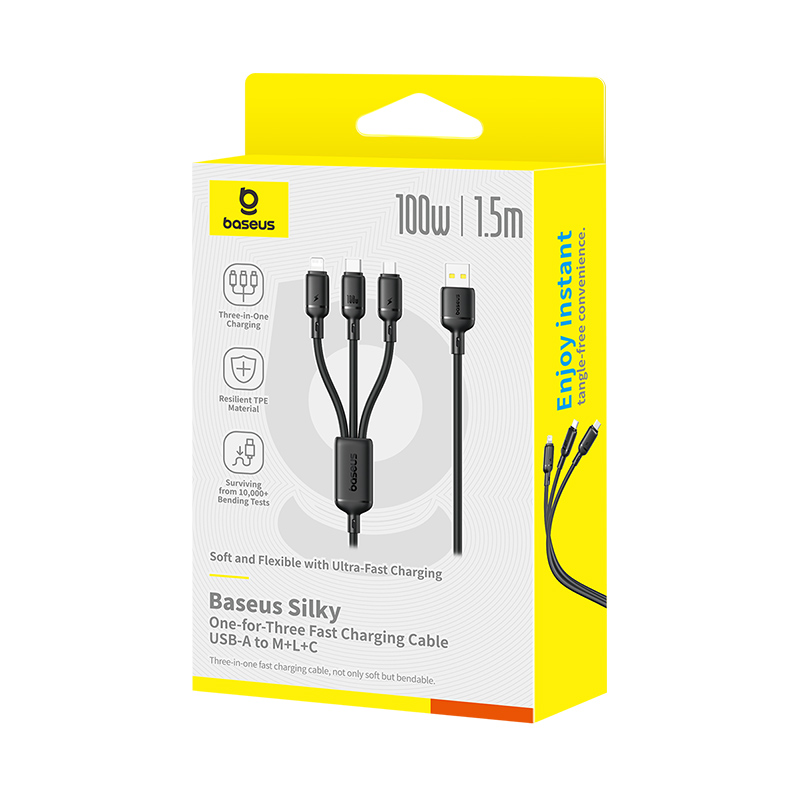 P10377705123-00-15.jpg Baseus Silky One-for-Three Fast Charging Cable USB-A to Micro Lightning Type-c 100W 1.5m Cosmic BlackP10377705123-00 - Image 5