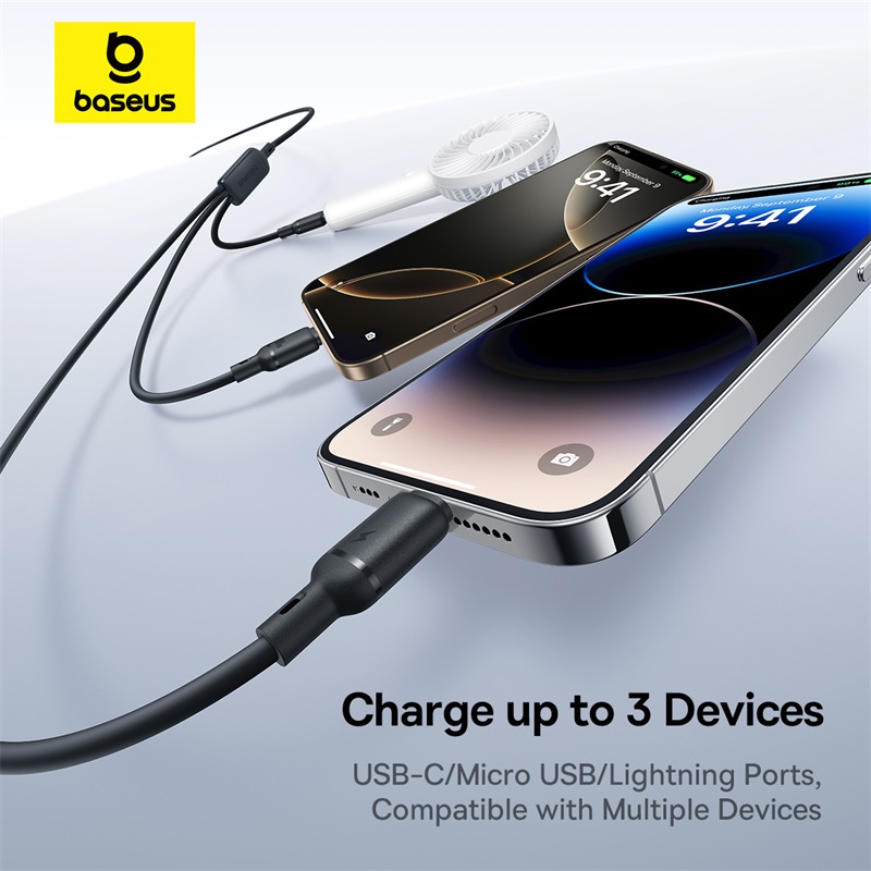 P10377705123-00-3.jpg Baseus Silky One-for-Three Fast Charging Cable USB-A to Micro Lightning Type-c 100W 1.5m Cosmic BlackP10377705123-00 - Image 6