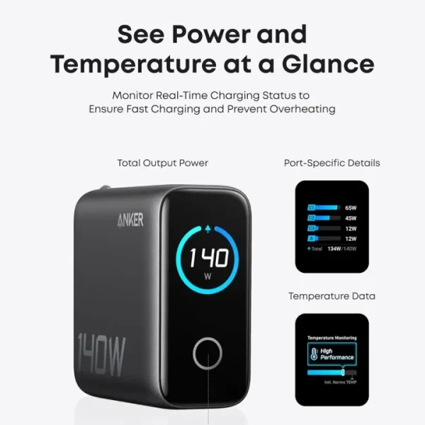 Anker Laptop Charger 140W 4-Port PD 3.1 with Touch Control USB-C Cable (B2697)