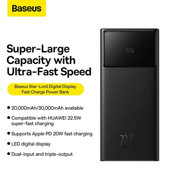 Baseus Power Bank 30000mAh 22.5W Star-Lord Digital Display Fast Charge with  USB to Type-C 3A 0.3m Cable- Black ppxj060101a - Image 1