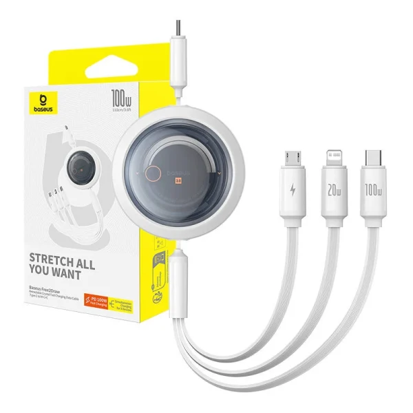 Baseus Cable Retractable Free2Draw Series Type-c To Type-c 100W Three in One Cable 1.1M Cluster White P10368700211-03 - Image 1