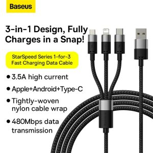 Baseus Short Cable StarSpeed 3in1 Fast Charging Data Cable USB to Micro Type-C Lightning 3.5A 0.6m Black P10319900111-00