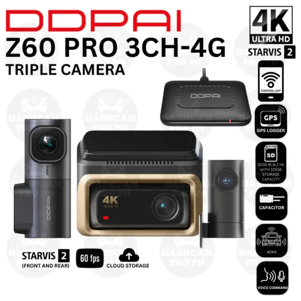 DDPAI Dash Camera 4G Z60 Pro 4K 3 Channel Front & Back With 4G Kit 32GB Built-in Memory -18 Months Warranty - Image 1