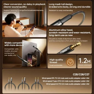 REMAX 1.2m Type-C to 3.5mm Audio Adapter Cable Aluminum Alloy Braided Cord