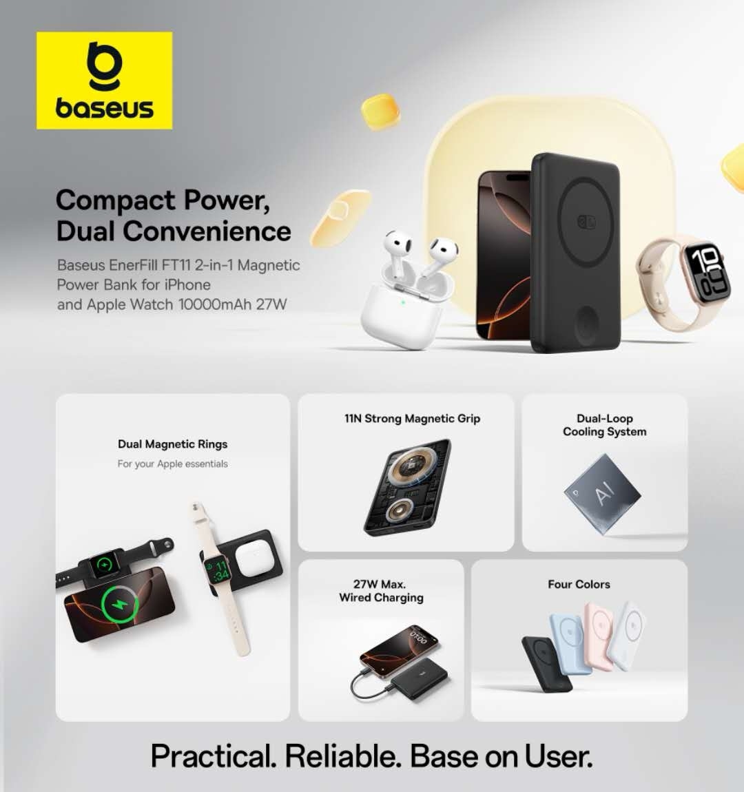 68378ad24778f1ec40500e4f3b368dfe.jpeg Baseus Ft11 Wireless Power Bank For mobile Smart watch Tws 10000mah magnetic magsafe P1008210G123-00 - Image 1