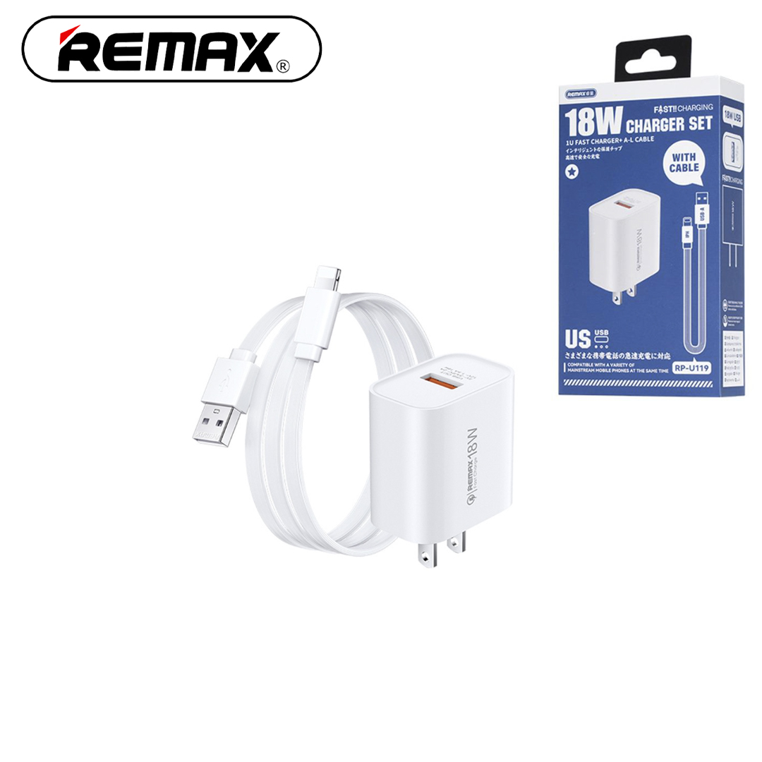 Adapter-Cable-Lightning-IPhone-18W-REMAX-RP-U119-A-L-REM159 REMAX Charger 18W Rp-u119 With usb to Lightning Cable For Iphone - Image 1