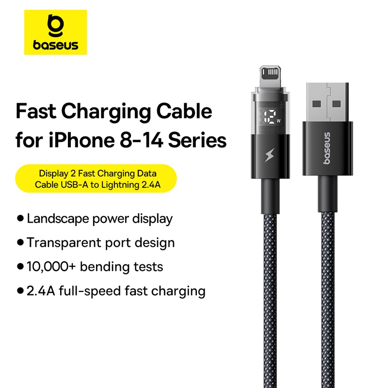 P10382700121-00-3.jpg Baseus PD 20W Display 2 Fast Charging Data Cable For Iphone 14 13 12 11 USB to Lightning 1m Cosmic Black P10382700121-00 - Image 1