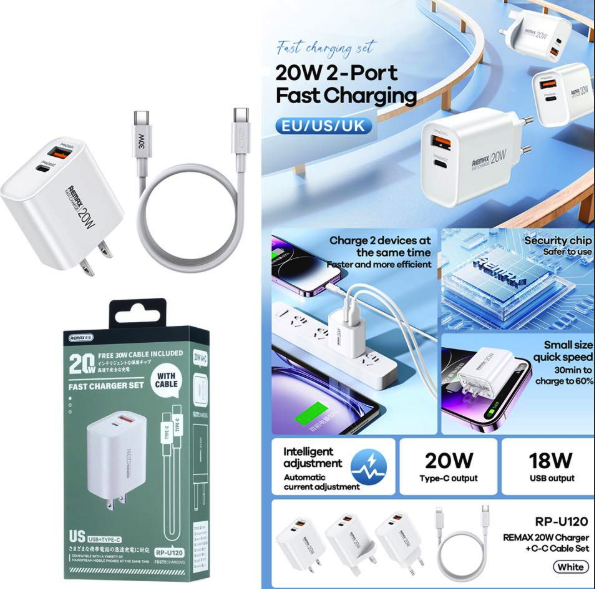 rp-u120 Remax Charger 20W USB-A PD With Type-c to Type-c Cable Rp-U120 US -3 months Official Warranty - Image 1