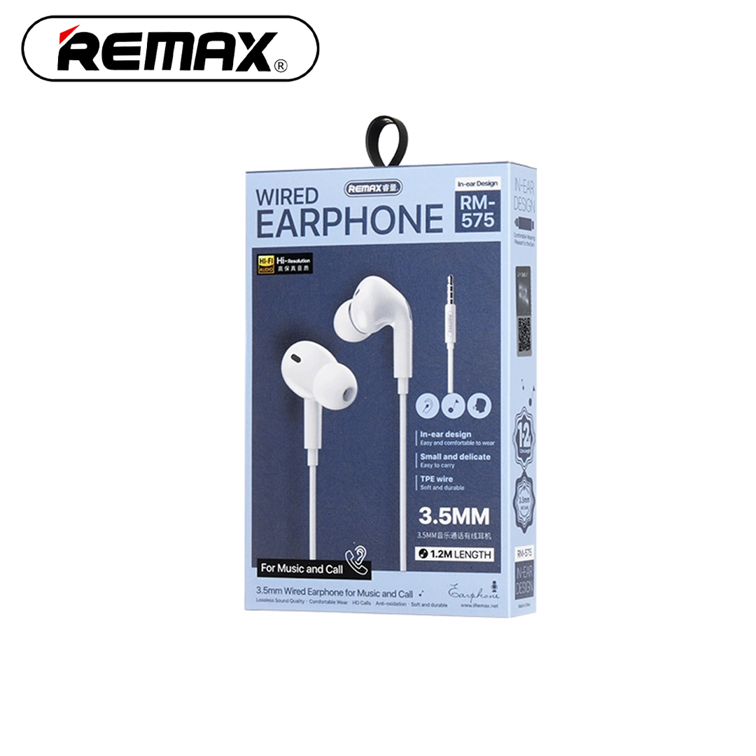 rn-575 wired earphone Remax RM-575 Wired 3.5mm In-Earphone Stereo Sound White - Image 1