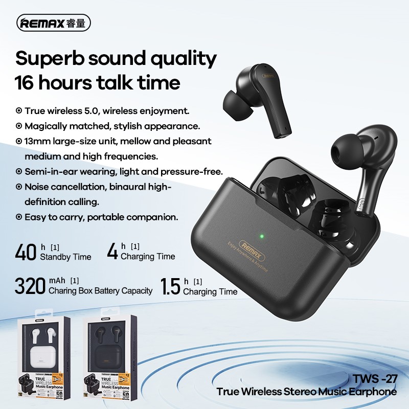 REMAX-TWS-27-True-Wireless-Stereo-Music-Earbuds Remax TWS W27 Wireless Earbuds 16hours Music Talk Time - Image 1
