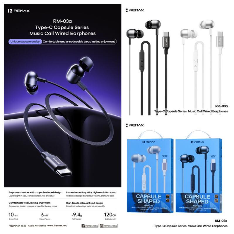 remax rm 03a Remax RM-03A Type-c Capsule Shaped Premium Sound Body Shaking Bass wired Earphone - Image 1