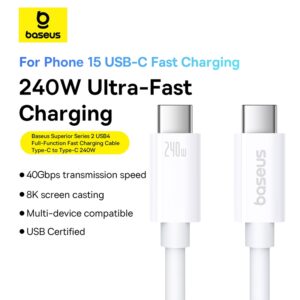 Baseus Cable Thunderbolt 4 Superior Series 2 USB4 8K 40gbps Full-Function Fast Charging Cable Type-C to Type-C 240W 1.8m Moon White -P10365200211-05
